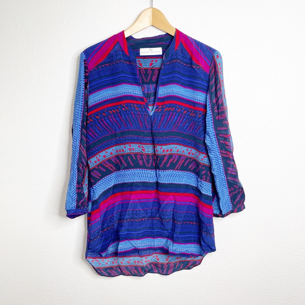 Amanda Uprichard Blue Pink Silk‎ Tribal Geometric Print Tunic Blouse Small